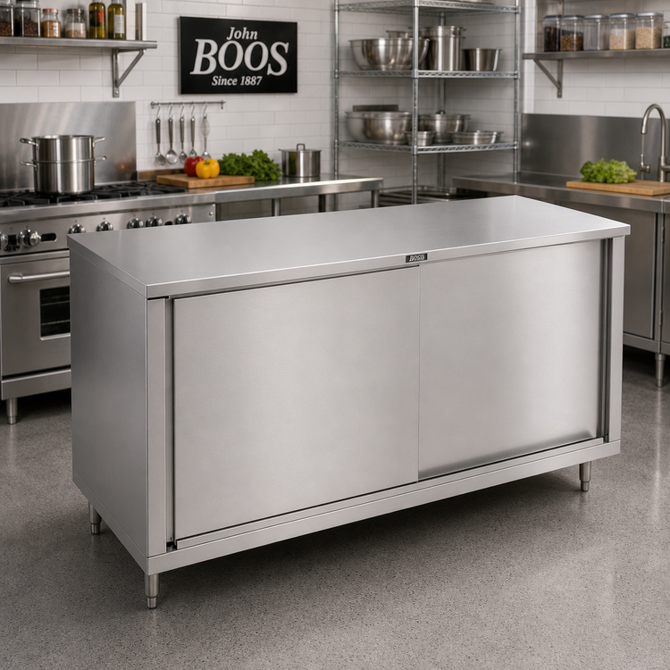 Product image #2 for John Boos 84 x 30-Inch Enclosed Stainless Steel Work Table with Sliding Door Cabinet Base, 16-Gauge 300 Series Flat Top