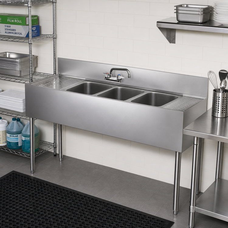 Product image #2 for Krowne Silver Series 60-Inch Three-Compartment Convenience Store Sink with Dual Drainboards and Faucet
