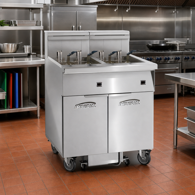 Product image #2 for Imperial IFSSP450E Electric 4-Battery Floor Fryer with Built-In Space Saver Filter, 50 lb. Tanks