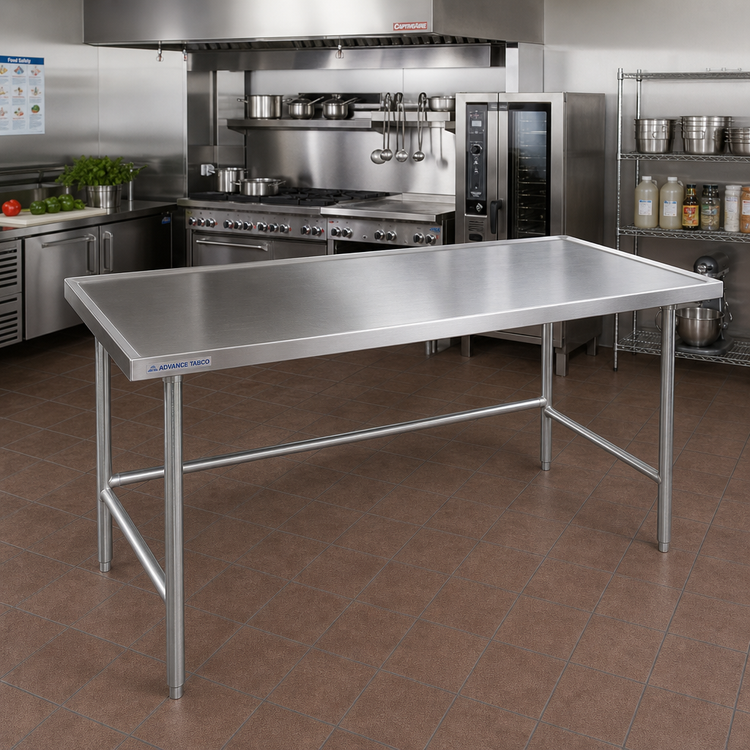 Product image #2 for Advance Tabco 84 Inch x 48 Inch Stainless Steel Open Base Work Table with No-Drip Edge and Galvanized Legs