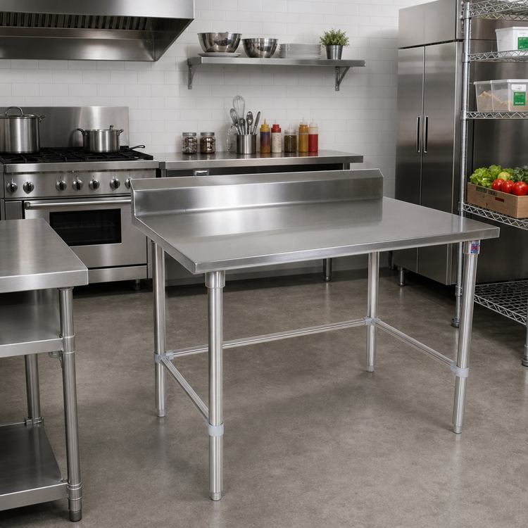 Product image #2 for Stallion 60 x 36 Inch 16 Gauge Stainless Steel Work Table with 5-Inch Backsplash and Open Galvanized Base