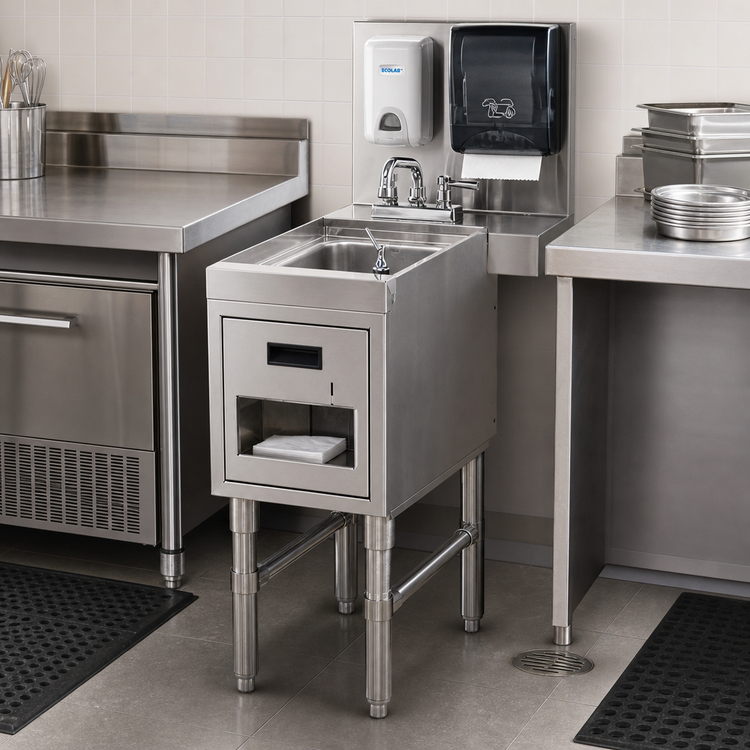 Product image #2 for Advance Tabco Prestige Supreme Underbar Hand Sink with Soap and Towel Dispensers, Deck Mount Faucet, 12 x 25 Inch