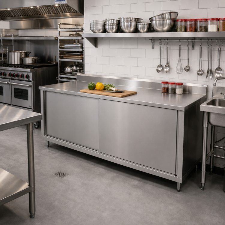 Product image #2 for John Boos 72" W x 24" D Stainless Steel Cabinet Base Work Table with Sliding Doors and 5" Backsplash