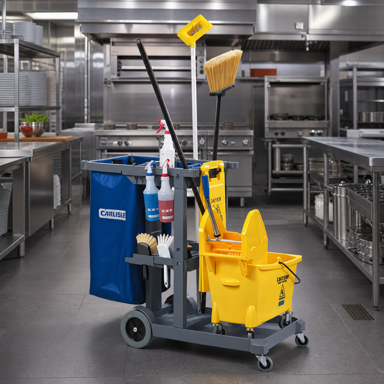 Product image #2 for Carlisle Short Platform Janitorial Cart with 3 Shelves and 25-Gallon Bag, Gray