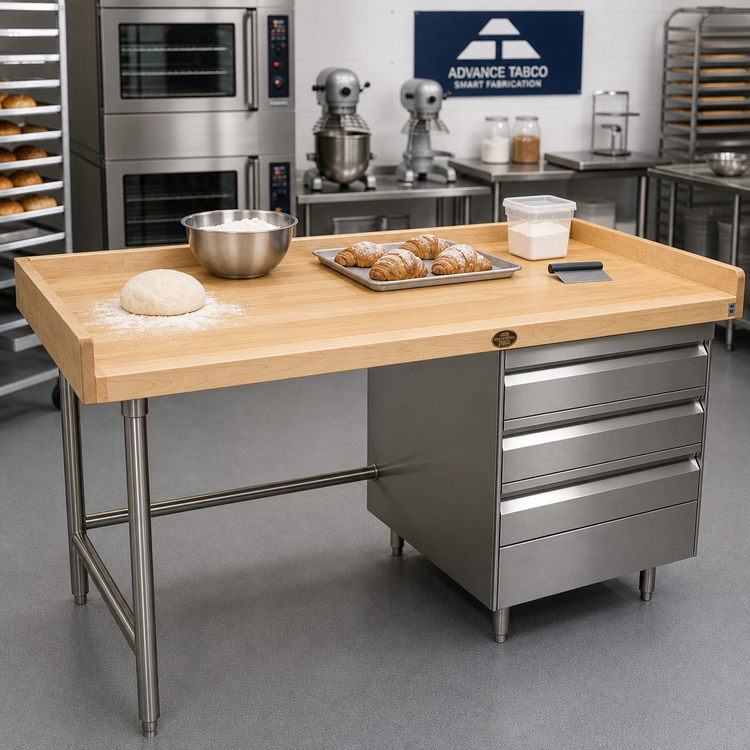 Product image #2 for Advance Tabco Bakers' Top Wood Work Table with Right-Side 3-Tier Drawers, 96"W x 36"D, 1-3/4" Thick Top