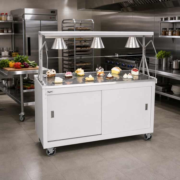 Product image #2 for Vollrath 2-Series Affordable Portable 46-Inch White Utility Station with Buffet Breath Guard, Sliding-Door Storage and Casters