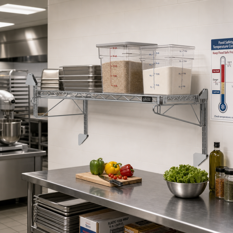 Product image #2 for Quantum Wall-Mount Cantilever Wire Shelf, 72 x 24 Inches, Gray Epoxy Antimicrobial Finish