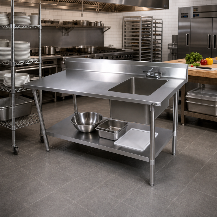 Product image #2 for John Boos 48" x 30" 16-Gauge Stainless Steel Prep Sink Table, Right Bowl, 5" Backsplash, Galvanized Base