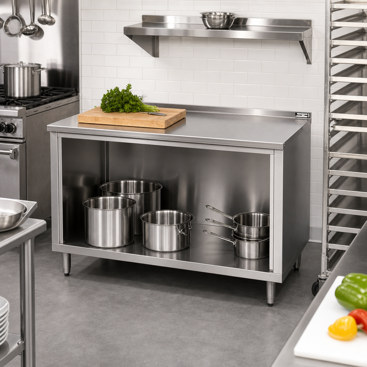 Product image #2 for John Boos Open Front Cabinet Base Work Table, 72 x 24 Inches, 16-Gauge Stainless Steel Top, 1-1/2 Inch Rear Riser