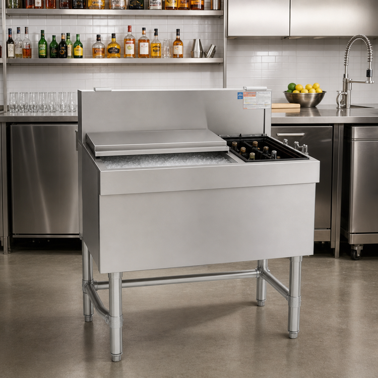 Product image #2 for Spec-Bar 48-Inch Combo Ice Bin/Bottle Unit with Right-Side 6-Bottle Compartment, 100 lb Capacity