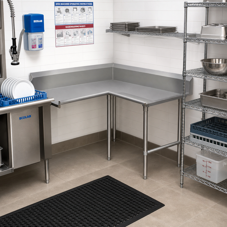 Product image #2 for John Boos Pro-Bowl Clean Corner L-Shaped Stainless Steel Dish Table, 60" Machine-to-Corner x 144" Corner-to-End