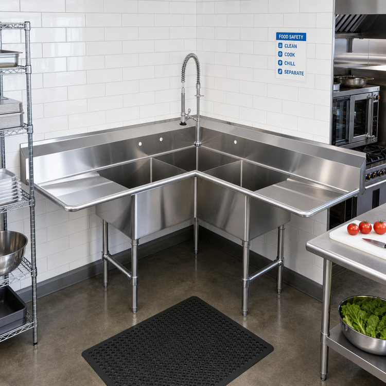 Product image #2 for Sapphire Manufacturing Corner 3-Compartment Sink with Dual Drainboards, 57-Inch Corner-to-Edge, 18/304 Stainless Steel