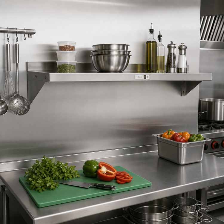 Product image #2 for John Boos Stallion 48" x 12" Wall-Mounted Stainless Steel Shelf with Safety Edge