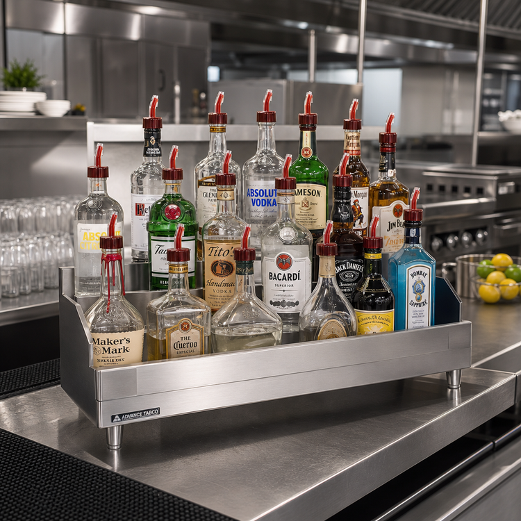 Product image #2 for Advance Tabco Underbar Basics™ Heavy-Duty Double-Tier Stainless Steel Speed Rail, 48 Inch, 26-28 Bottle Capacity