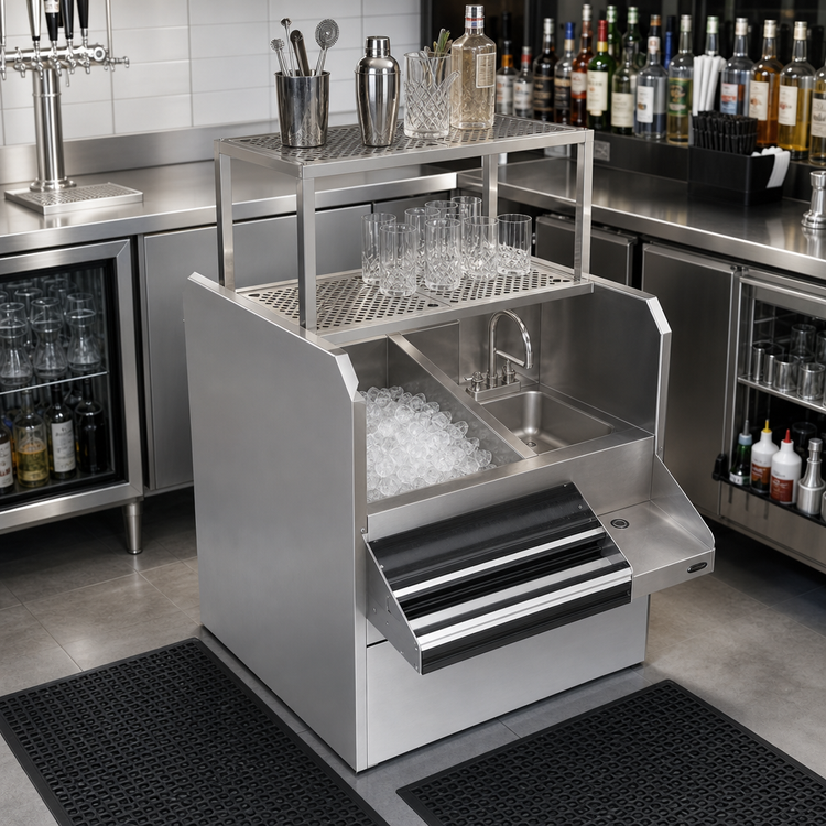 Product image #3 for Krowne Royal Series 36-Inch Pass-Thru Underbar Ice Bin/Cocktail Station with Left Ice Bin, 10-Circuit Cold Plate, Double Speed Rail, and Dual Dump Sinks