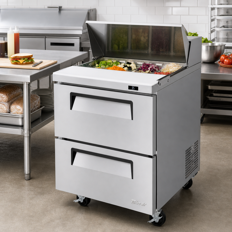 Product image #2 for Turbo Air Super Deluxe 27.5-Inch 2-Drawer Refrigerated Sandwich/Salad Prep Table with 8-Pan Opening