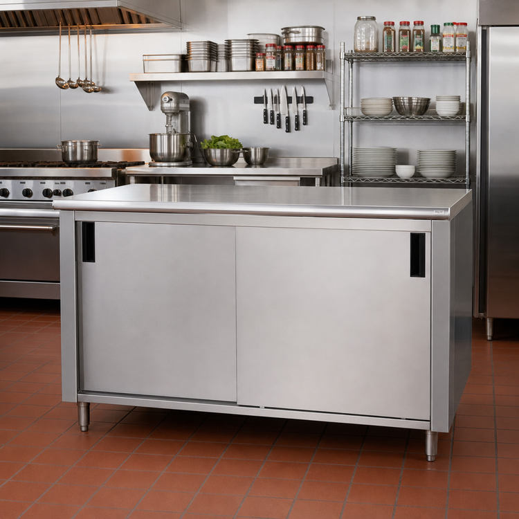 Product image #2 for Advance Tabco 108-Inch W x 24-Inch D Stainless Steel Enclosed Work Table with Sliding Doors