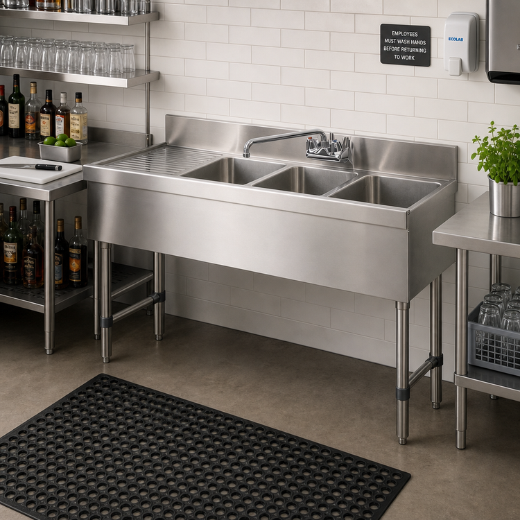 Product image #2 for Advance Tabco Special Value Series 3-Compartment Stainless Steel Bar Sink with Left Drainboard and Splash-Mount Faucet, 48 x 18 Inches