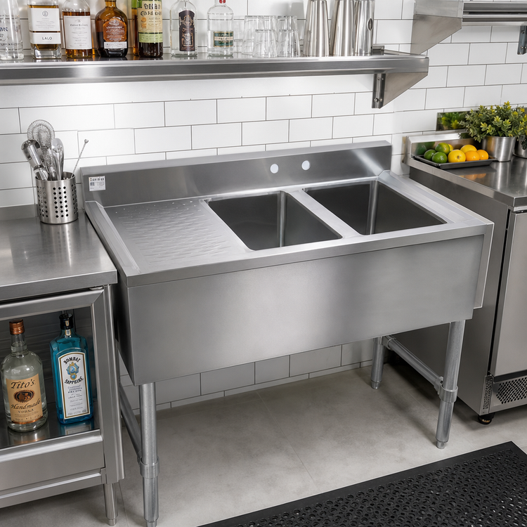 Product image #2 for Klinger's Trading Two-Compartment Underbar Bar Sink with Left Drainboard, 37 Inches, 304 Stainless Steel