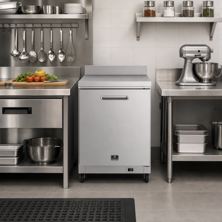 Product image #3 for Kelvinator Commercial 27-Inch One-Section Countertop Refrigerator Worktop with Backsplash, Solid Right-Hinged Door
