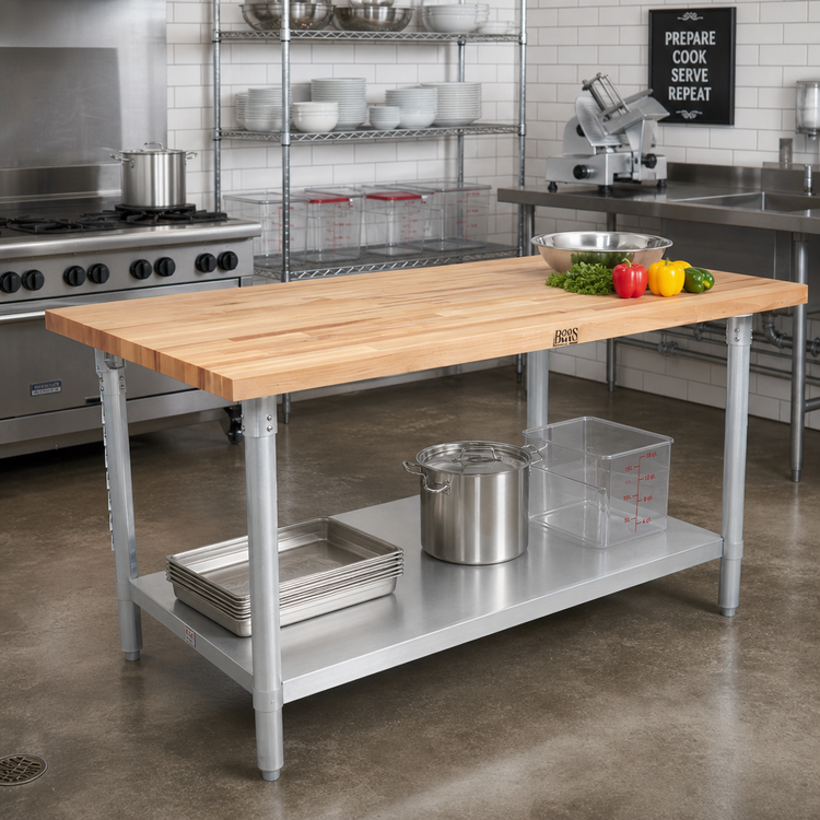 Product image #2 for John Boos 48 x 30 Inch Edge Grain Maple Wood Top Work Table with Adjustable Undershelf