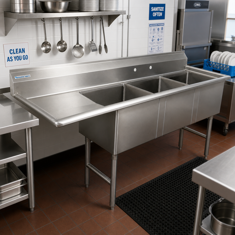 Product image #2 for Advance Tabco 3-Compartment Fabricated Sink with 24-Inch Left Drainboard, 24 x 24 x 14-Inch Bowls