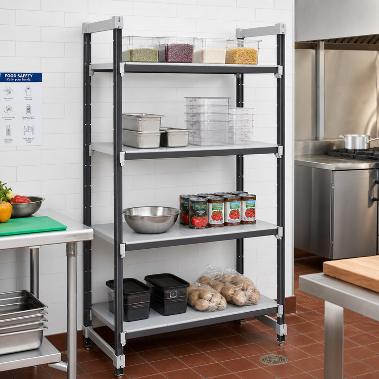 Product image #2 for Cambro Camshelving Elements XTRA 4-Tier Solid Stationary Polymer Shelving Starter Unit, 21" x 42" x 72", Speckled Gray