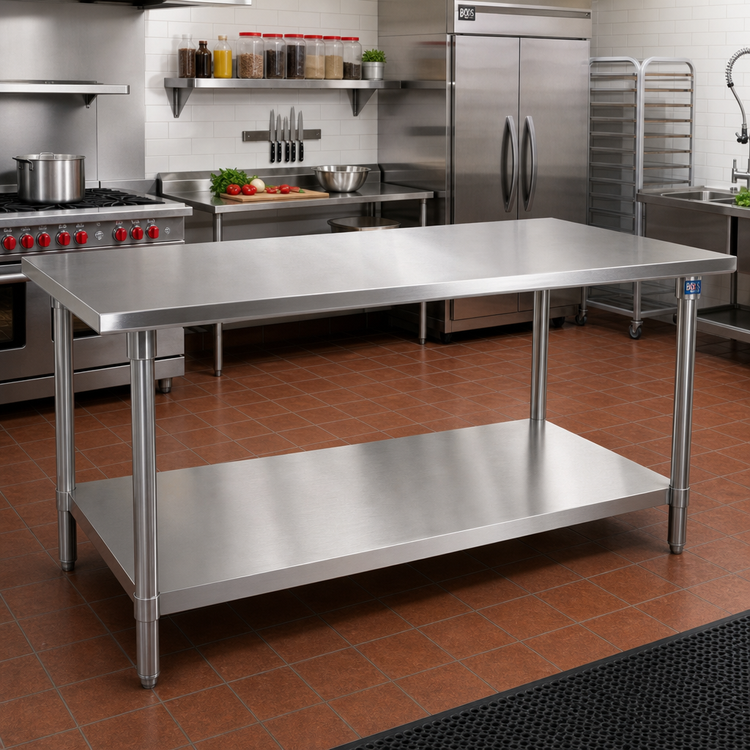 Product image #2 for John Boos 120 Inch x 48 Inch 16-Gauge 300 Series Stainless Steel Flat Top Work Table with Fixed Undershelf