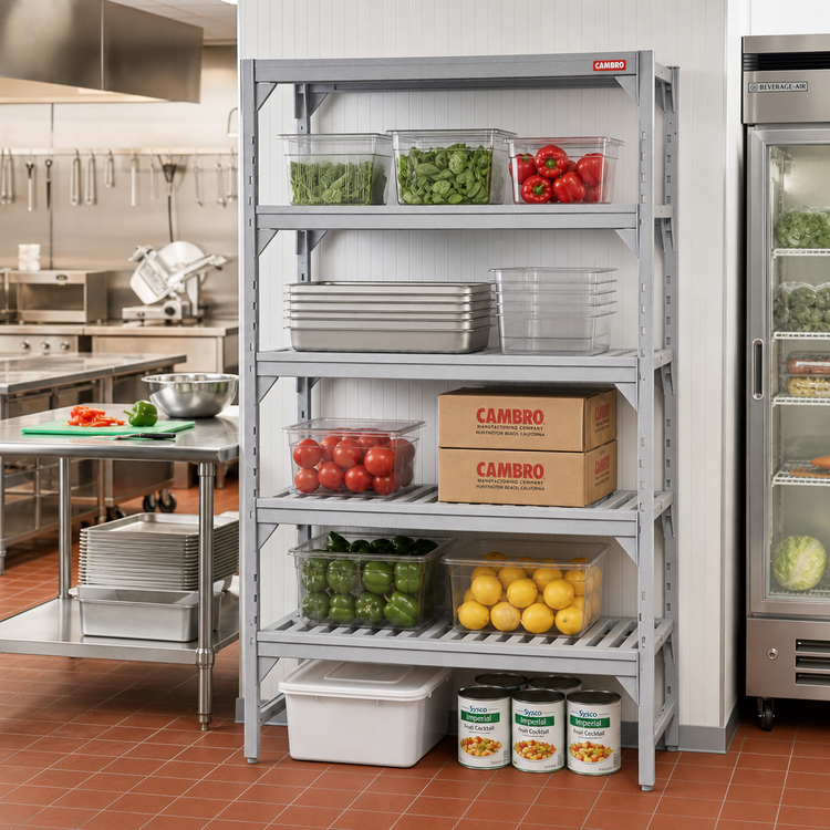 Product image #3 for Cambro Camshelving Premium 24"W x 72"L Vented Polymer Shelf Kit, 5 Shelves, Speckled Gray