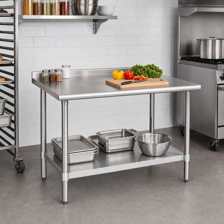 Product image #2 for Eagle Group Budget Series 48-Inch x 24-Inch 430 Stainless Steel Work Table with Rear Up-Turn and Adjustable Undershelf