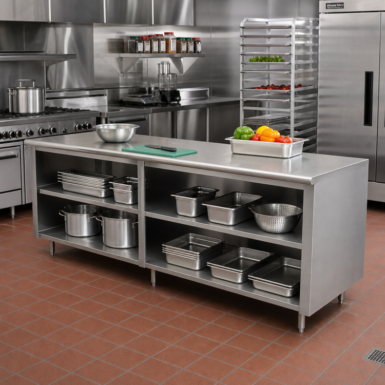 Product image #2 for Advance Tabco Special Value Economy Open Base Work Table with Mid-Shelf, 108W x 30D, 16 Gauge 304 Stainless Steel Flat Top