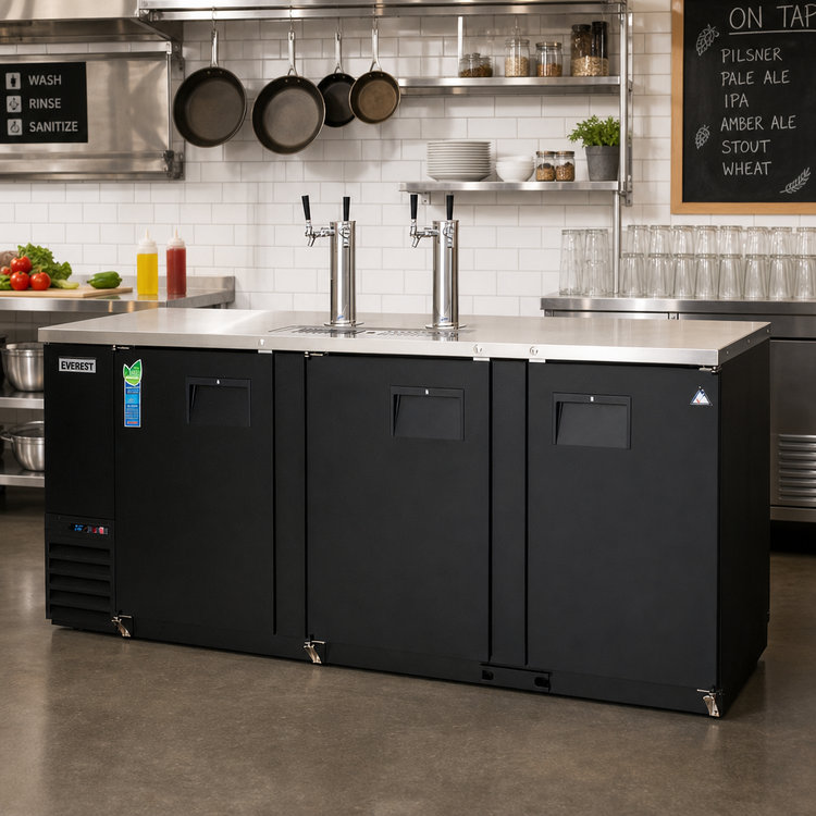 Product image #2 for Everest Refrigeration EBD4-24 Three-Section Direct Draw Keg Refrigerator with 2 Draft Towers, 89-1/4 Inch Wide, 28 Cu. Ft., Black Vinyl Exterior