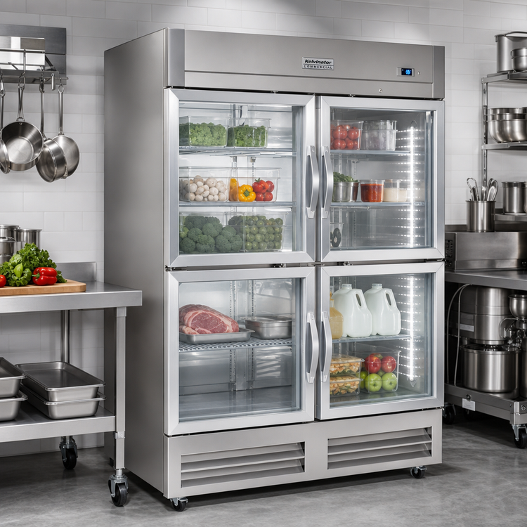 Product image #2 for Kelvinator Commercial 54-Inch Wide Full-Height Two-Section Reach-In Refrigerator with 4 Half Glass Doors, 49 Cu. Ft., Bottom Mount