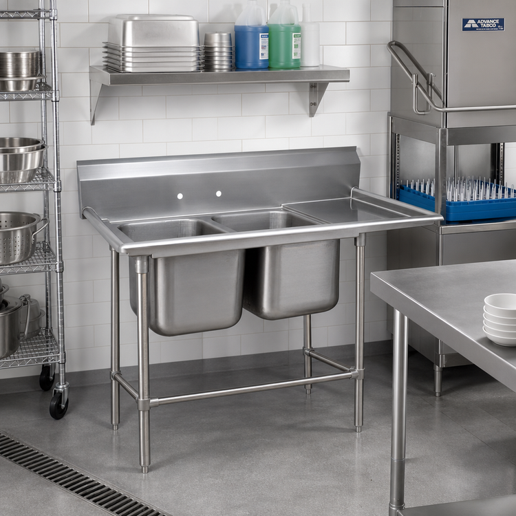 Product image #2 for Advance Tabco Regaline 2-Compartment Sink with Right-Hand Drainboard, 20" x 20" Bowls, 14-Gauge 304 Stainless Steel