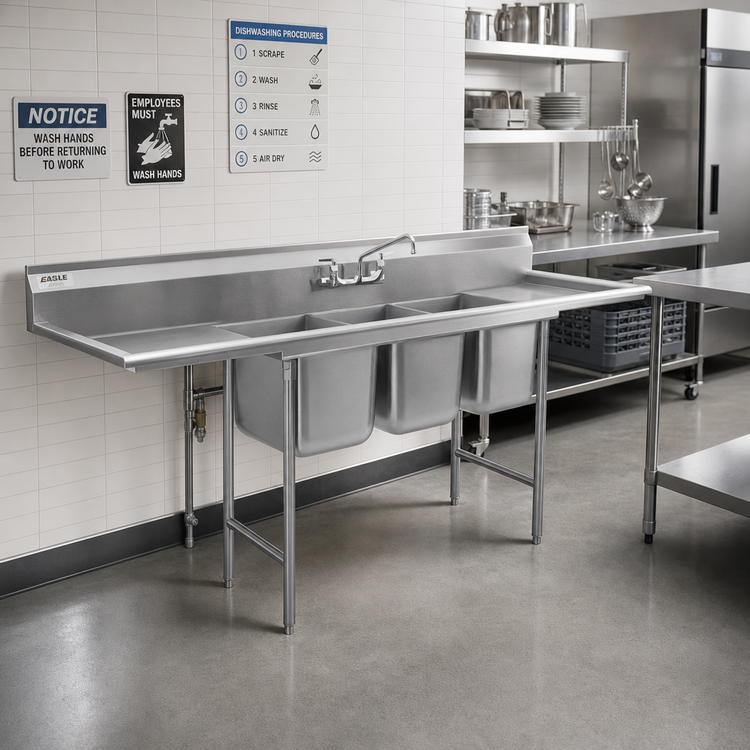 Product image #2 for Eagle Group 314 Series Three-Compartment 304 Stainless Steel Sink with 9-1/2 Inch Backsplash