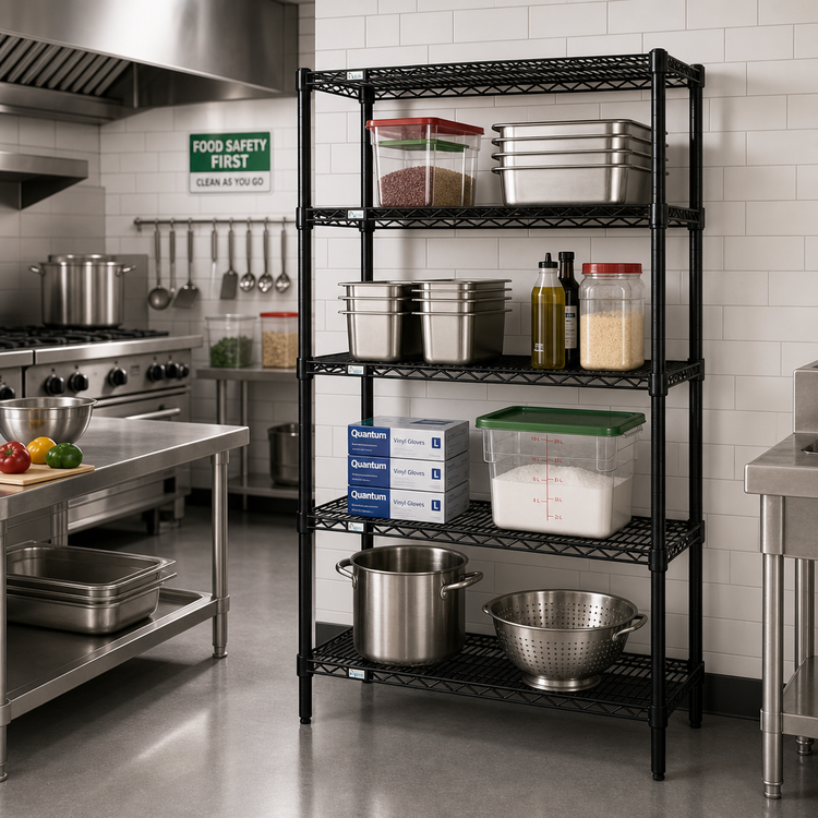 Product image #2 for Quantum Stationary Wire Shelving Starter Kit, 60"W x 30"D x 86"H, Black Epoxy Antimicrobial