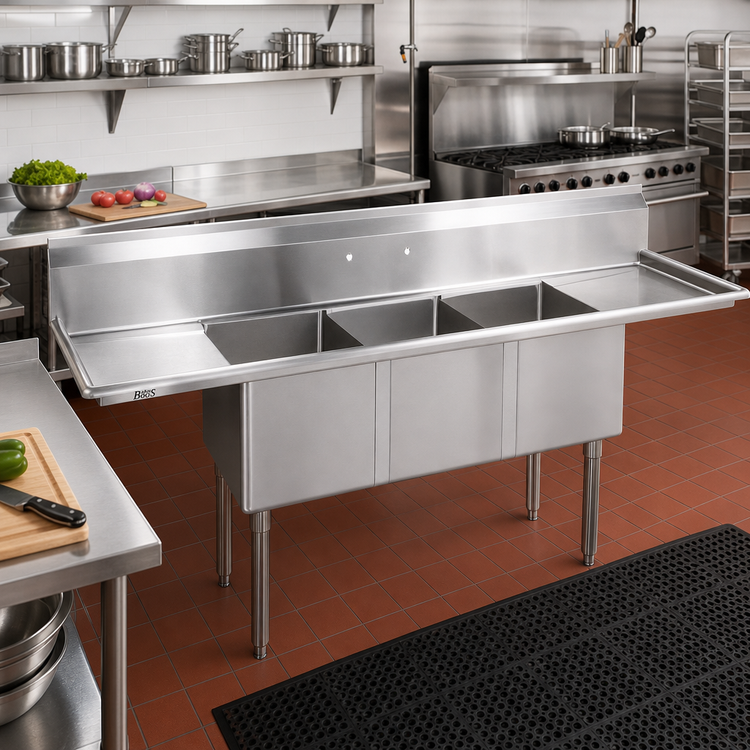 Product image #2 for John Boos E-Series 60-Inch 3-Compartment Stainless Steel Sink with Dual Drainboards and Boxed Backsplash