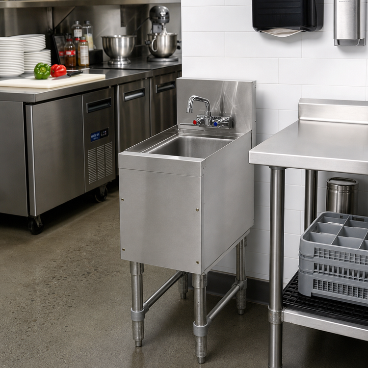 Product image #2 for Advance Tabco Prestige 12-Inch Wide Underbar Freestanding Hand Sink with 10 x 14 x 7 Inch Bowl and Splash Mount Faucet