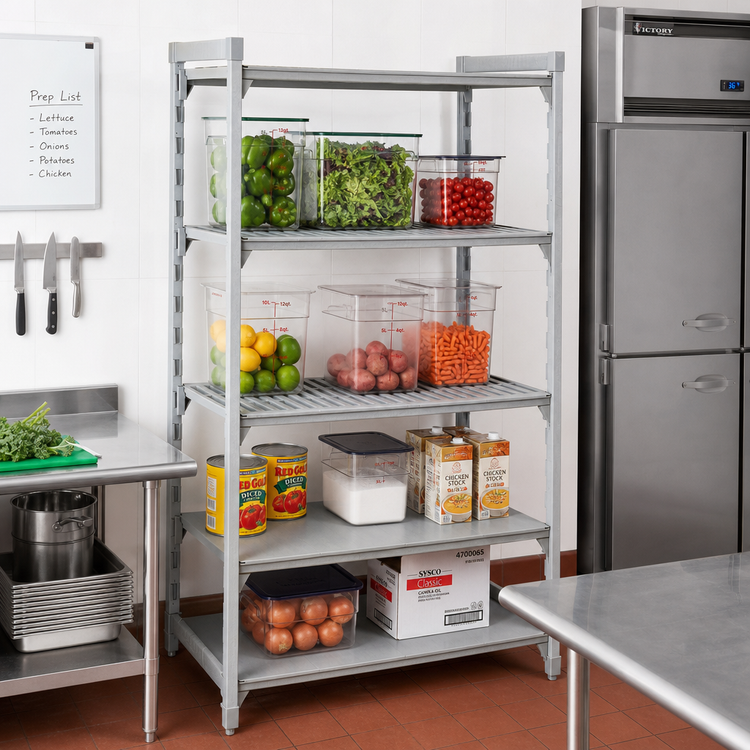 Product image #3 for Cambro Camshelving Premium 4-Shelf Stationary Starter Polymer Shelving Unit, 21" x 36" x 64", 3 Vented + 1 Solid, Speckled Gray
