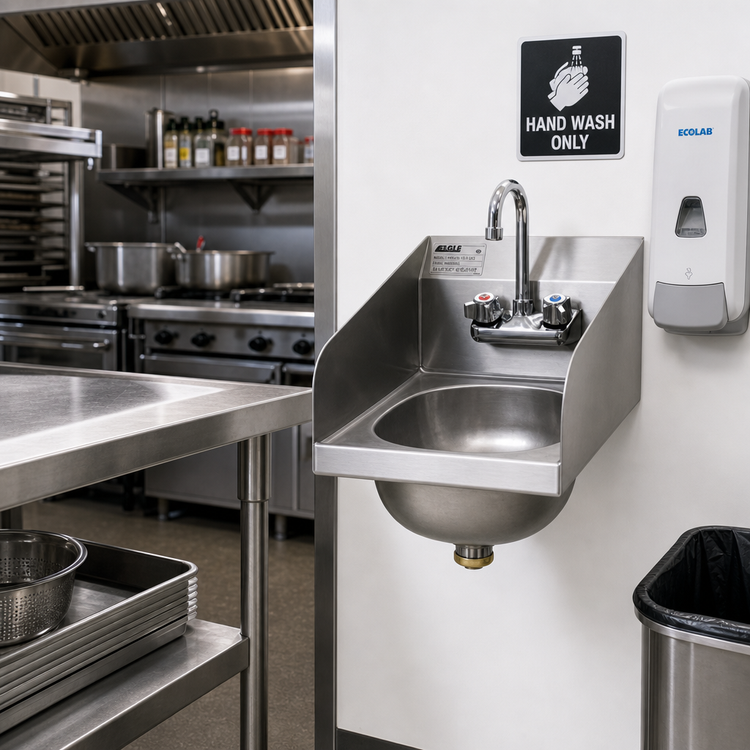 Product image #2 for Eagle Group HSAN-10-F-LRS Wall-Mounted Hand Sink with Faucet, Basket Drain and Side Splashes, 12-Inch Side-to-Side