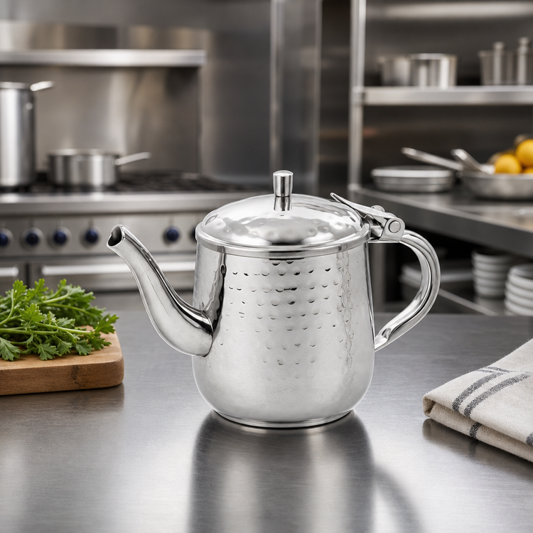 Product image #2 for Vollrath T4710HH 10 oz Hand-Hammered Gooseneck Stainless Steel Server with Hollow Handle and Lid