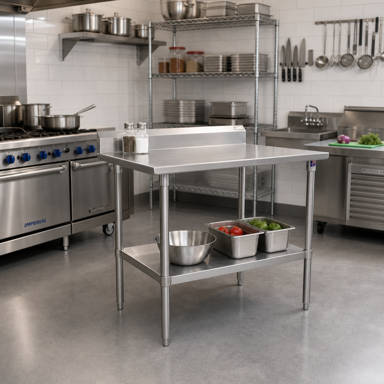 Product image #2 for John Boos Stallion 30 x 30 Inch 16-Gauge Stainless Steel Corner Work Table with 5-Inch Backsplash, Safety Edge and Galvanized Undershelf