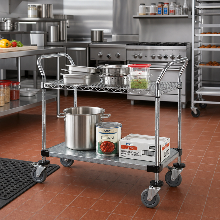 Product image #2 for Quantum Chrome-Plated Utility Bus Cart, 2 Shelves, 30 x 24 x 37-1/2 Inches, 1200 lb. Capacity