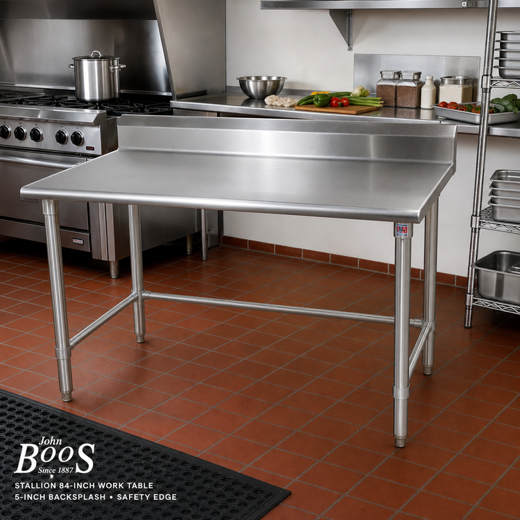 Product image #2 for John Boos Stallion 84-Inch Stainless Steel Work Table with 5-Inch Backsplash and Safety Edge