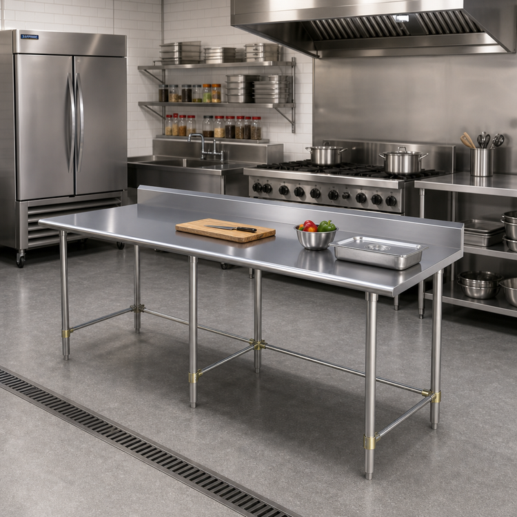 Product image #2 for Sapphire SMTOB-30120G 120 in. x 30 in. Stainless Steel Work Table — 18/400 Reinforced Top, 5 in. Backsplash, Galvanized Open Base