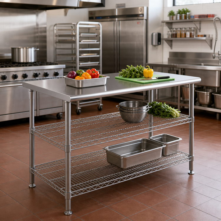 Product image #2 for AdjusTable 48 Inch x 24 Inch 14 Gauge 304 Stainless Steel Basic Unit Work Table with 2 Wire Undershelves