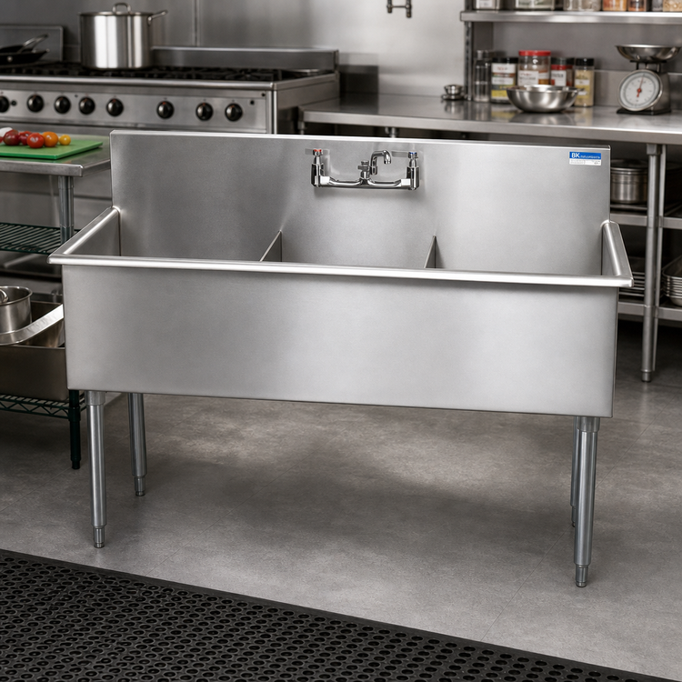 Product image #2 for BK Resources 39-Inch Three-Compartment Budget Stainless Steel Sink with 8-Inch Backsplash and Legs