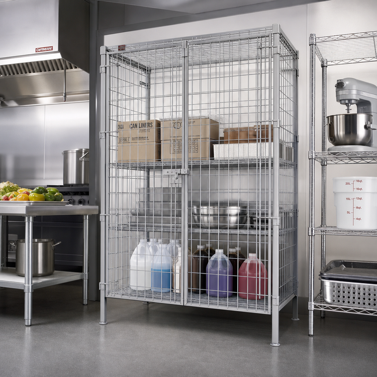 Product image #2 for QuadTruss Stationary Knock-Down Wire Security Cage with Dual Padlock-Ready Doors, Stainless Steel Finish, 63-1/4 Inch Wide