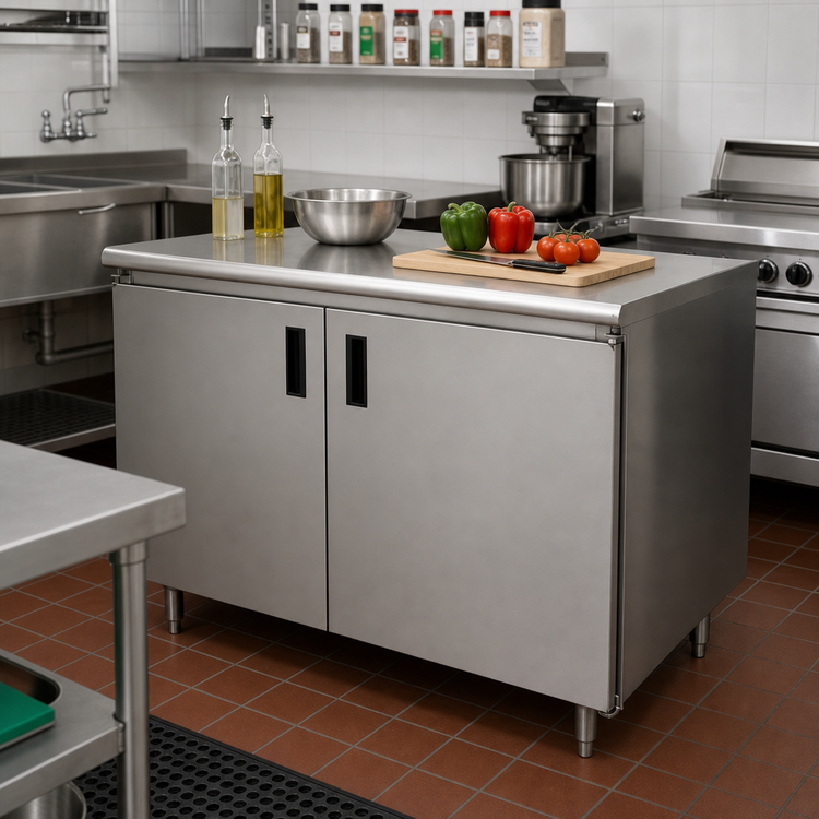 Product image #2 for Advance Tabco Special Value Economy Enclosed Work Table with Cabinet Base, Mid-Shelf and Hinged Doors, 72W x 24D, 16 Gauge 304 Stainless Steel Top