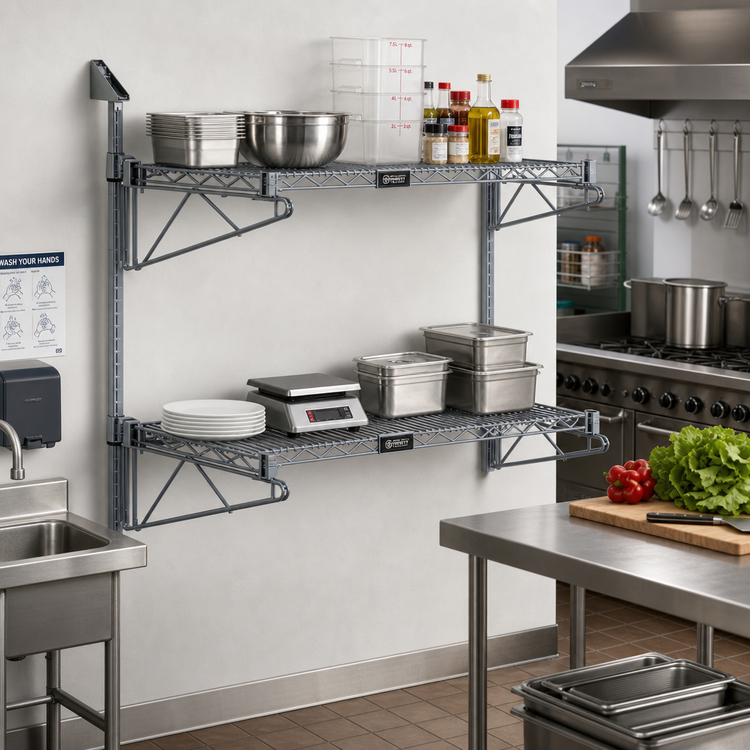 Product image #2 for Wall-Mount Cantilever Double-Shelf Wire Shelving Kit, 60 x 21 Inches, Gray Epoxy